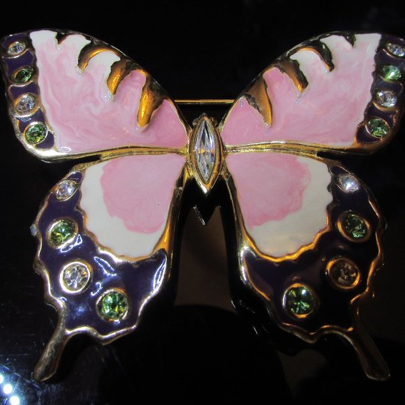 Jewelry - Vintage LARGE Enamel Butterfly PINK with Multi-Coloured Rhinestone BROOCH